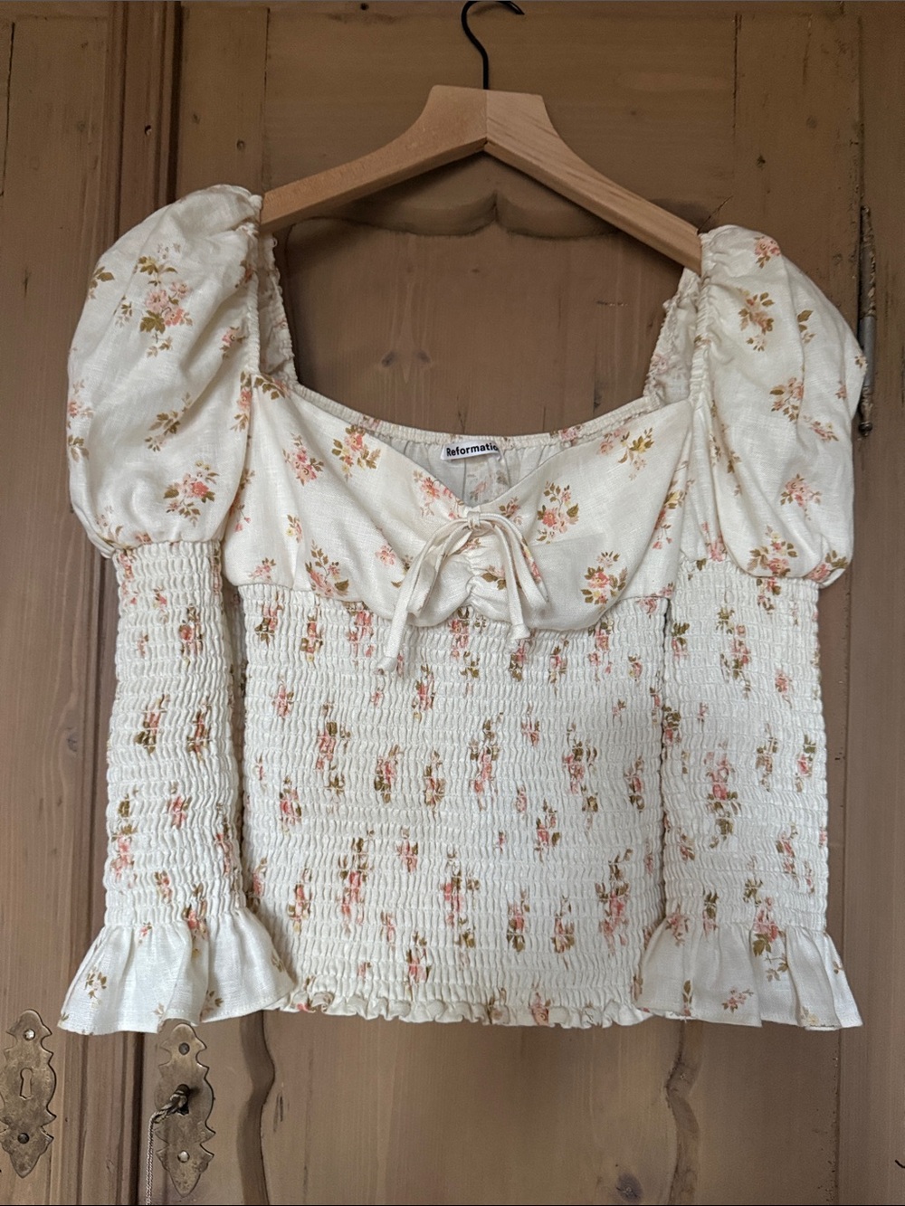 Reformation Linen Floral Smocked Puff Sleeve Top Cream Sweetheart Neck